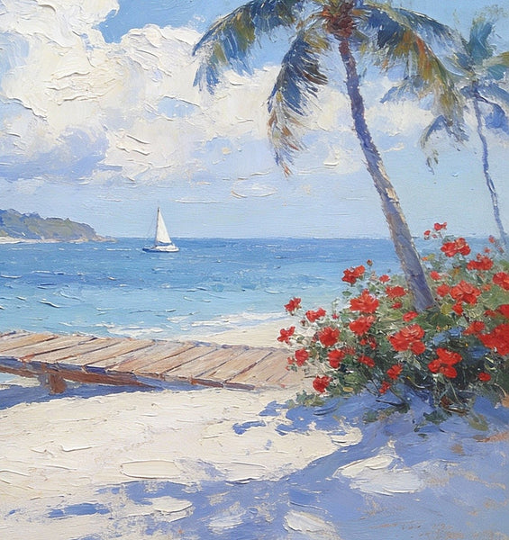 Simple Painting Ideas, Tropical Beach with Palm Trees and Dock, Small Wall Art on Canvas, Landscape Canvas Paintings, Impasto Wall Art Paintings, Original Oil Paintings-Grace Painting Crafts