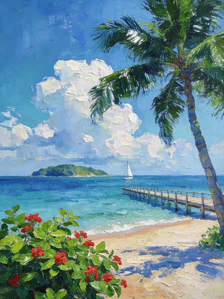 Original Small Paintings, Tropical Beach Retreat, Palm Tree, Flowers, and Calm Seas, Small Oil Paintings, Landscape Artwork Canvas Paintings, Small Wall Paintings-Grace Painting Crafts