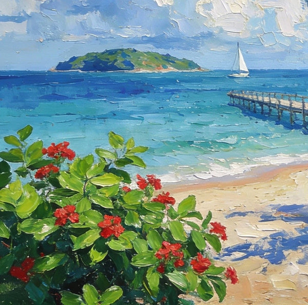 Original Small Paintings, Tropical Beach Retreat, Palm Tree, Flowers, and Calm Seas, Small Oil Paintings, Landscape Artwork Canvas Paintings, Small Wall Paintings-Grace Painting Crafts