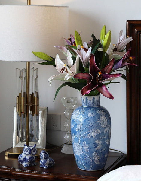 Large Flower Vases on Dining Table, Blue Porcelain Flower Vases, Centerpiece Ceramic Bouquet Vases, Handmade Modern Flower Vase-Grace Painting Crafts