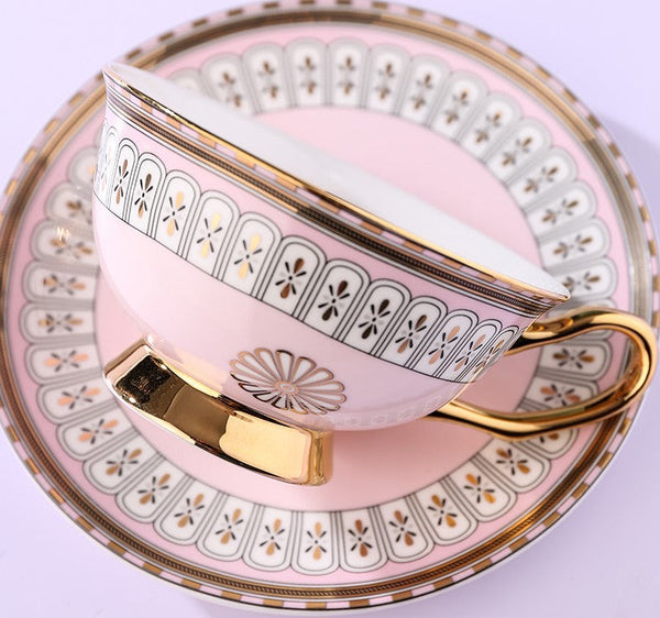 Royal Blue and Pink Bone China Porcelain Tea Cup Set, Tea Cups and Saucers in Gift Box, Elegant Ceramic Coffee Cups, Beautiful British Tea Cups