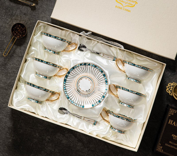 Unique Tea Cup and Saucer in Gift Box, Elegant British Ceramic Coffee Cups, Bone China Porcelain Tea Cup Set for Office, Green Ceramic Cups-Grace Painting Crafts