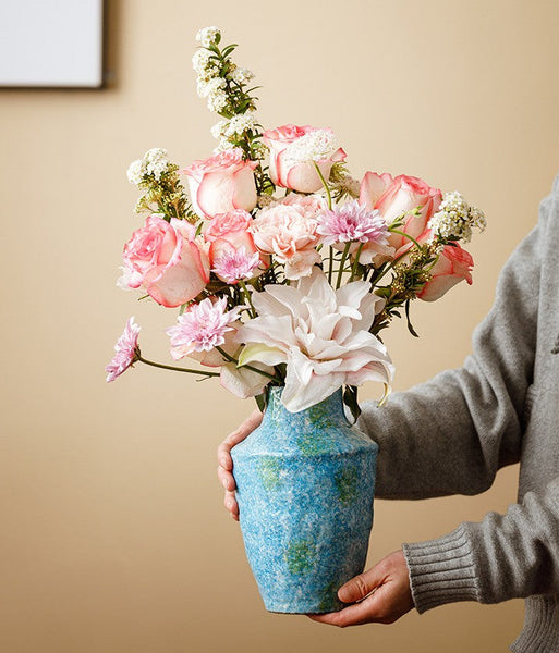 Pottery Flower Vases, Modern Bouquet Flower Vases, Centerpiece on Dining Table, Blue Flower Vase on Table, Handmade Water Holding Flower Vases-Grace Painting Crafts