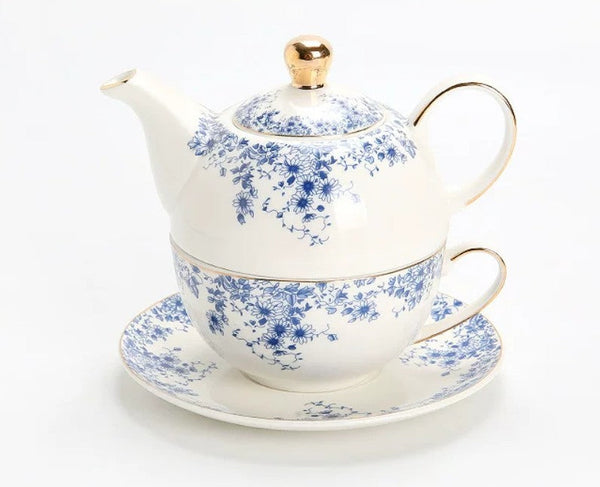 Mother and Baby Teapot with Matching Saucer British Style Porcelain Teapot with Matching Cup and Saucer in Gift Box, Ceramic Tea Pot with Integrated Cup, Stackable Teapot and Cup Set-Grace Painting Crafts