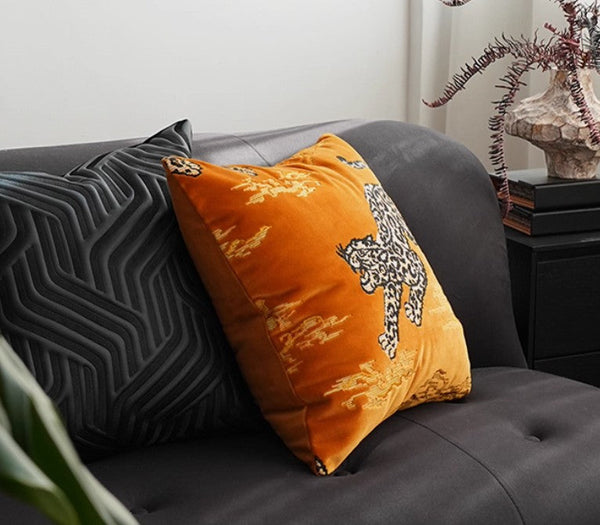 Contemporary Modern Sofa Pillows, Yellow Embroidery Tiger Pattern Pillows for Couch, Decorative Throw Pillows for Bedroom, Large Modern Sofa Pillow for Living Room-Grace Painting Crafts