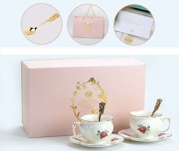 British Royal Ceramic Cups for Traditional Afternoon Tea, 7.4 oz Ceramic Coffee Cups, Rose Porcelain Tea Cup Saucer Set, 6.8 oz Tea Cup and Saucer in Gift Box-Grace Painting Crafts
