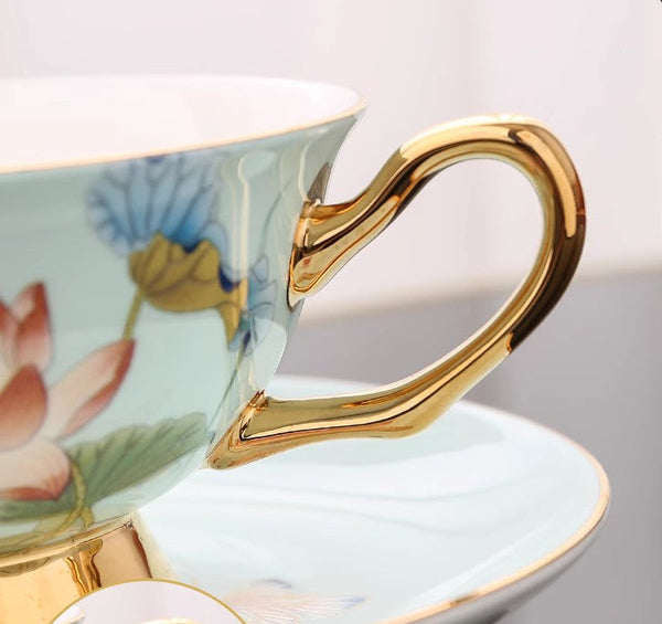 Unique British Tea Cup and Saucer in Gift Box, Lotus Flower Porcelain Tea Cup Saucer Set, Elegant British Ceramic Coffee Cups-Grace Painting Crafts