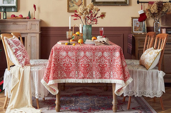Large Fiberflax Rectangle Tablecloth for Home Decoration, Red Flower Pattern Tablecloth for Holiday Decoration, Square Tablecloth for Round Table-Grace Painting Crafts