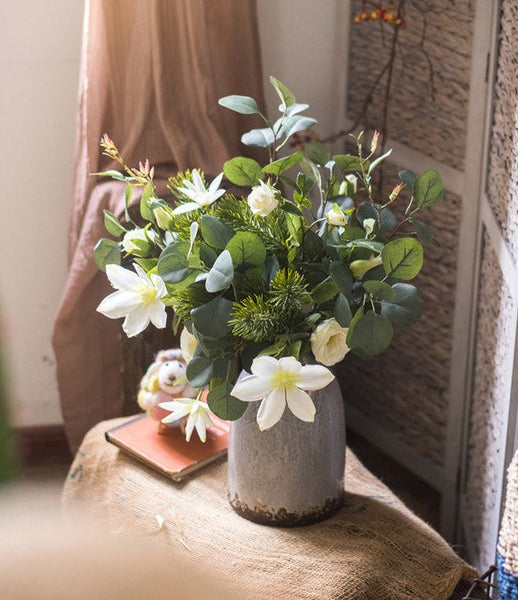 Eucalyptus Globulus, Clematis, White Rose Flowers, Unique Flower Arrangement for Home Decoration, Beautiful Modern Artificial Flowers for Dining Room Table-Grace Painting Crafts
