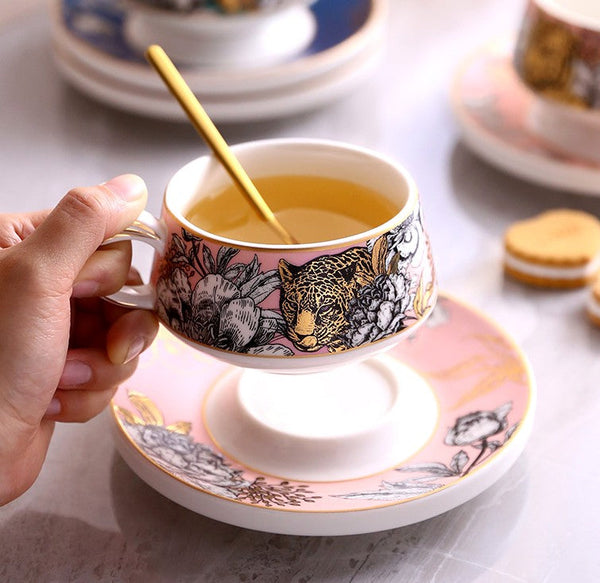 Jungle Tiger Cheetah Porcelain Tea Cups, Creative Ceramic Cup and Saucer, Unique Ceramic Coffee Cups with Gold Trim and Gift Box-Grace Painting Crafts