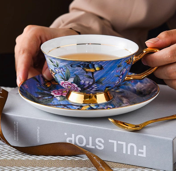 Unique British Tea Cup and Saucer in Gift Box, Blue Bird and Butterfly Porcelain Tea Cup Saucer Set, 7.4 oz British Ceramic Coffee Cups-Grace Painting Crafts