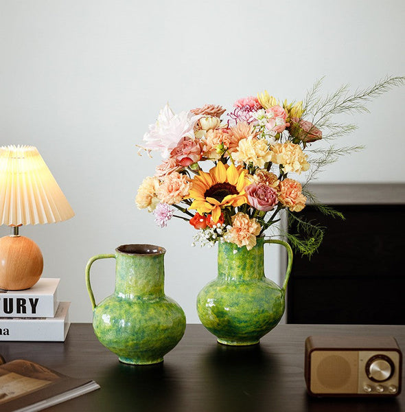 Centerpiece on Dining Table, Modern Pottery Flower Vases, Handmade Water Holding Flower Vases, Pottery Bud Vases, Large Green Flower Vases on Table-Grace Painting Crafts