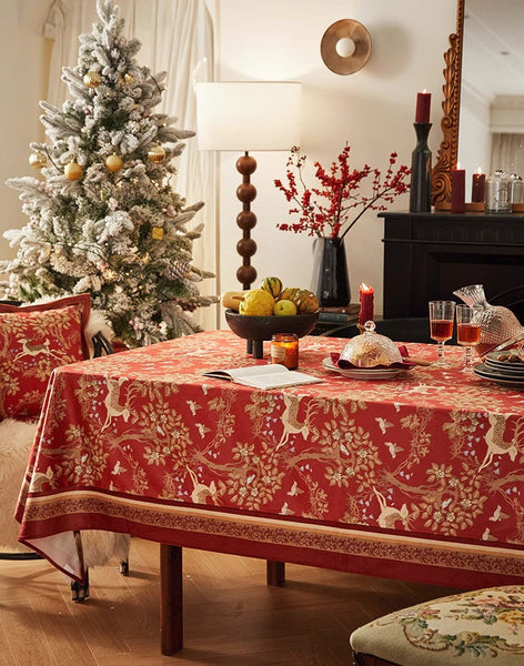 Long Modern Rectangular Tablecloth for Dining Room Table, Forest Deer Red Table Covers, Square Tablecloth for Kitchen, Extra Large Tablecloth for Round Table-Grace Painting Crafts