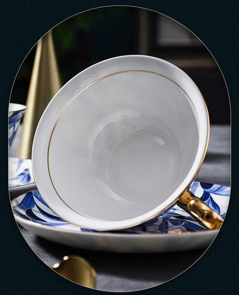 Unique British Tea Cup and Saucer in Gift Box, Blue Porcelain Tea Cup Saucer Set, 7.4 oz British Ceramic Coffee Cups-Grace Painting Crafts