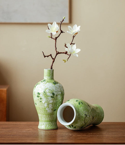 Large Flower Vases on Table, Green Porcelain Flower Vases, Centerpiece Ceramic Bud Vases, Handmade Water Holding Flower Vase-Grace Painting Crafts