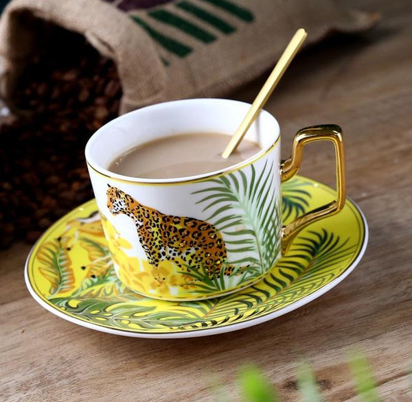 Coffee Cups with Gold Trim and Gift Box, Jungle Leopard Pattern Porcelain Coffee Cups, 7.4 oz Tea Cup and Saucer-Grace Painting Crafts