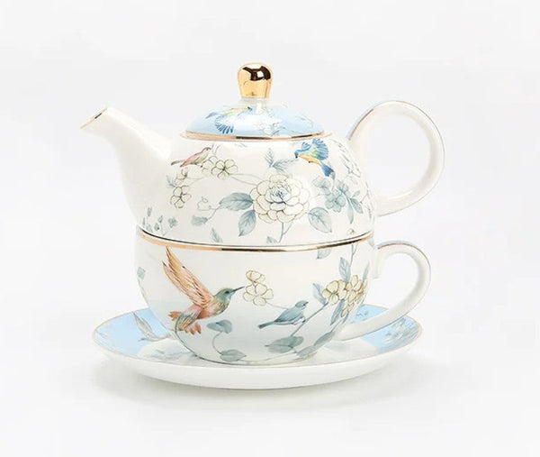 Stackable Teapot and Cup Set, Ceramic Tea Pot with Integrated Cup, Porcelain Teapot with Matching Cup and Saucer in Gift Box, Mother-and-Baby Teapot with Matching Saucer-Grace Painting Crafts