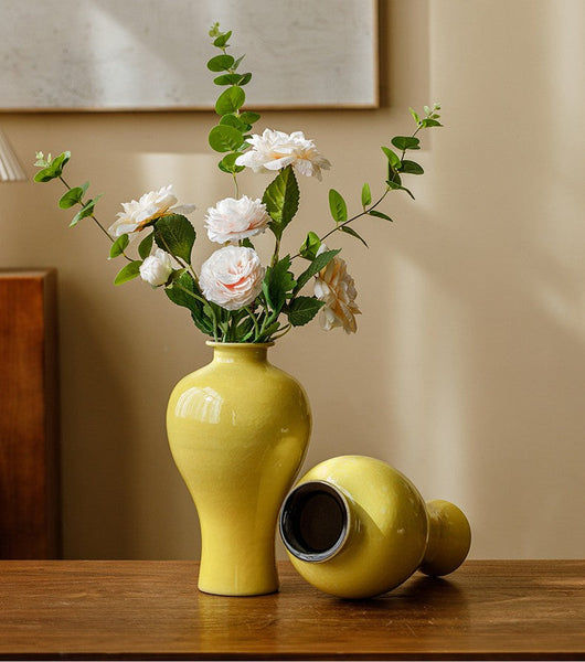 Porcelain Flower Vases, Handmade Water Holding Flower Vase, Yellow Flower Vases on Table, Ceramic Bud Vases-Grace Painting Crafts