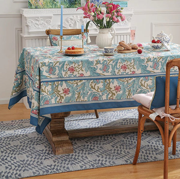 Blue Flower Rectangle Table Cloth, Modern Rectangular Tablecloth Ideas for Dining Table, Square Linen Tablecloth for Coffee Table-Grace Painting Crafts