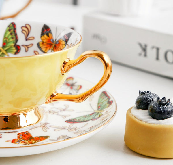 Creative Butterfly Ceramic Coffee Cups, Unique Butterfly Coffee Cups and Saucers, Beautiful British Tea Cups, Creative Bone China Porcelain Tea Cup Set-Grace Painting Crafts
