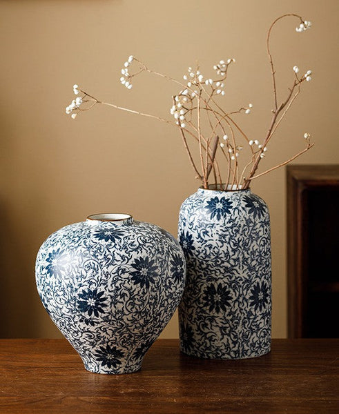 Centerpiece on Dining Table, Large Blue Flower Vase on Table, Vintage Bouquet Flower Vases, Handmade Porcelain Flower Vases Urn, Water Holding Flower Vases-Grace Painting Crafts