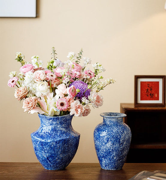 Handmade Water Holding Flower Vases, Centerpiece on Dining Table, Blue Pottery Bud Vases, Large Flower Vases on Table, Modern Pottery Flower Vases-Grace Painting Crafts
