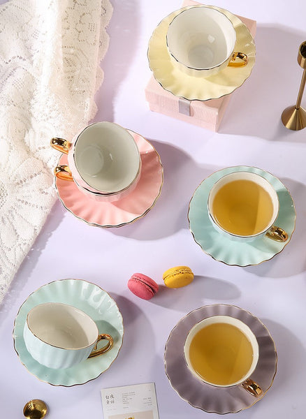 Macaroon Ceramic Coffee Cups, 6.8 oz Tea Cup and Saucer Set of 2 Cups in Gift Box as Birthday Gift, Beautiful Elegant British Tea Cups, Creative Porcelain Tea Cup Set-Grace Painting Crafts