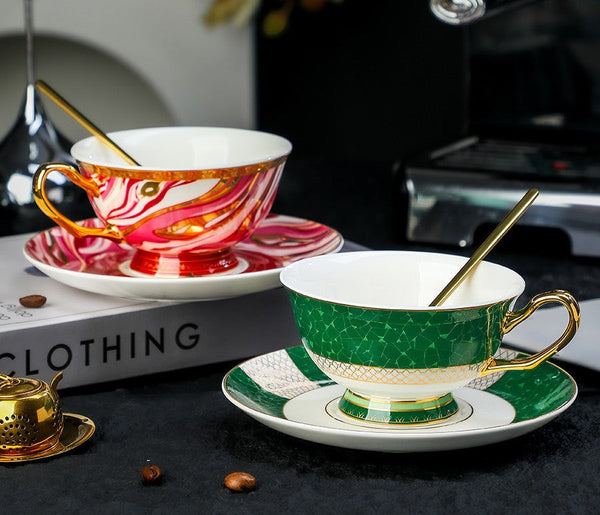Ceramic Coffee Cup with Saucer Set of 2 Cups, Beautiful British Tea Cup and Saucer, Creative Porcelain Tea Cup Saucer Set, 6.8 oz Tea Cup and Saucer in Gift Box-Grace Painting Crafts