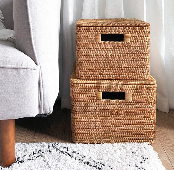 Woven Rectangular Storage Baskets, Rattan Storage Basket with Lid, Storage Baskets for Clothes, Extra Large Storage Baskets for Shelves-Grace Painting Crafts