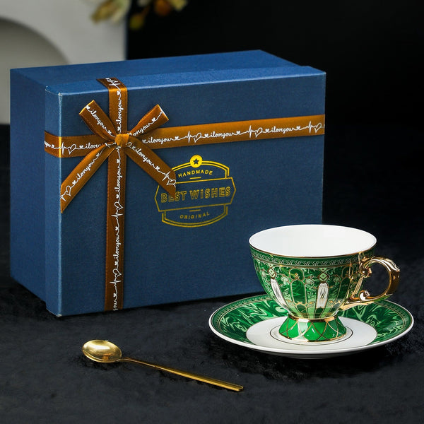 Porcelain Tea Cup and Saucer Set, British Royal Tea Cup and Saucer in Gift Box, 8 oz British Green Tea Cup set, Elegant Ceramic Coffee Cups-Grace Painting Crafts