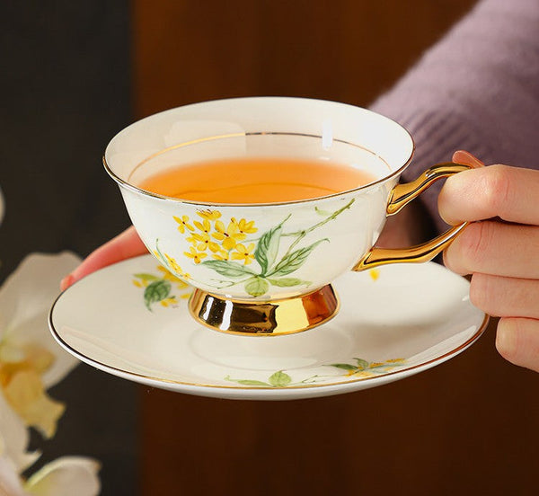 Elegant Floral Ceramic Coffee Cup and Saucer, 7.4 oz Flower Tea Cup and Saucer Set, British Royal Ceramic Tea Cups for Traditional Afternoon Tea, Porcelain Tea Cup and Saucer Set in Gift Box-Grace Painting Crafts
