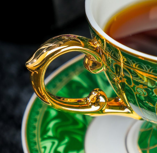 British Royal Tea Cup and Saucer in Gift Box, British Green Tea Cup set, 8 oz Elegant Ceramic Coffee Cups, Porcelain Tea Cup Saucer Set-Grace Painting Crafts