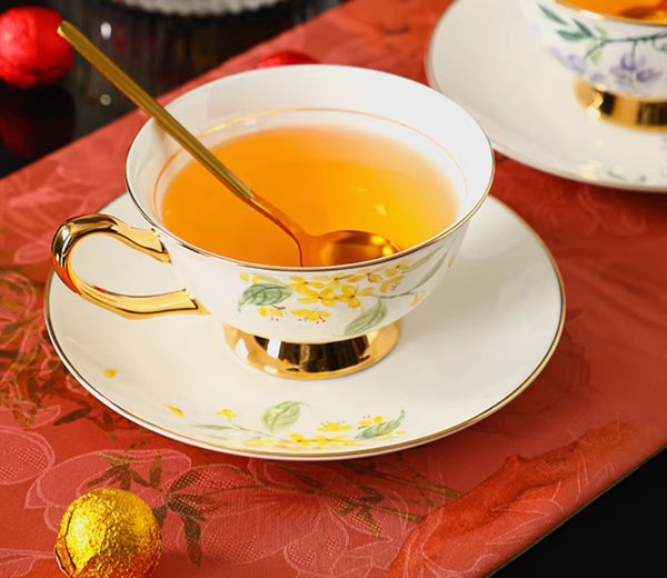 Elegant Floral Ceramic Coffee Cup and Saucer, 7.4 oz Flower Tea Cup and Saucer Set, British Royal Ceramic Tea Cups for Traditional Afternoon Tea, Porcelain Tea Cup and Saucer Set in Gift Box-Grace Painting Crafts