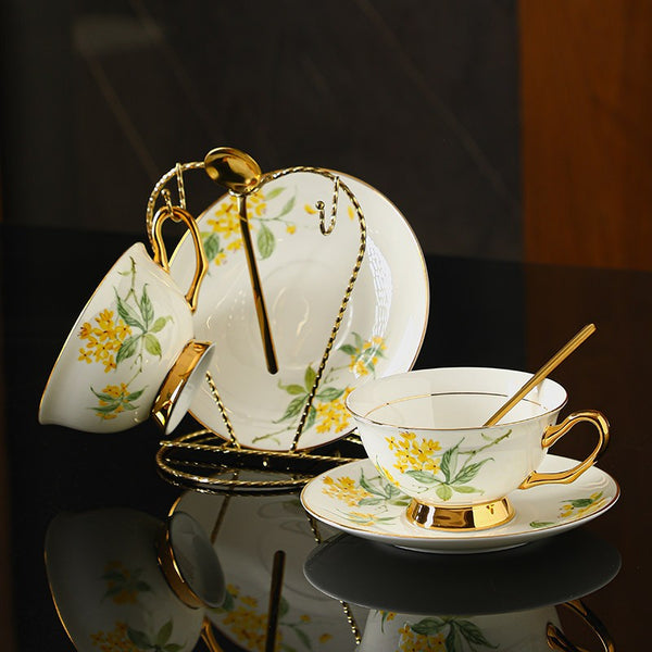 Elegant Floral Ceramic Coffee Cup and Saucer, 7.4 oz Flower Tea Cup and Saucer Set, British Royal Ceramic Tea Cups for Traditional Afternoon Tea, Porcelain Tea Cup and Saucer Set in Gift Box-Grace Painting Crafts
