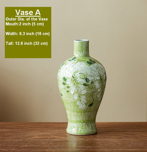 Large Flower Vases on Table, Green Porcelain Flower Vases, Centerpiece Ceramic Bud Vases, Handmade Water Holding Flower Vase-Grace Painting Crafts