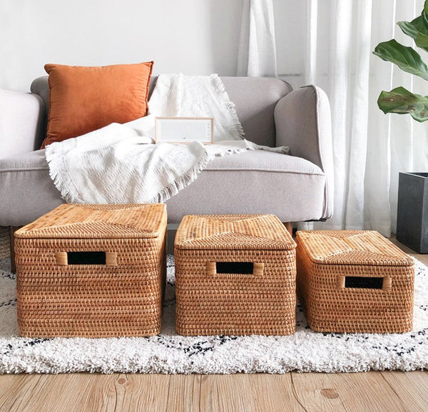 Rectangular Storage Basket with Lid, Woven Rattan Storage Basket for Shelves, Storage Baskets for Bedroom, Pantry Storage Baskets-Grace Painting Crafts