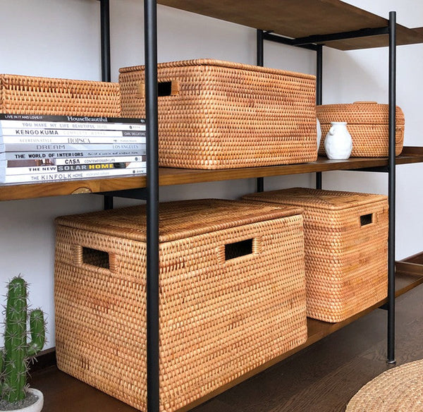 Large Rectangular Storage Basket with Lid, Rattan Storage Case, Storage Baskets for Bedroom, Rectangular Woven Storage Baskets for Clothes-Grace Painting Crafts