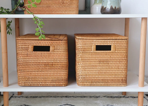 Rectangular Storage Basket with Lid, Woven Rattan Storage Basket for Shelves, Storage Baskets for Bedroom, Pantry Storage Baskets-Grace Painting Crafts