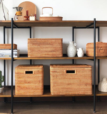 Woven Rectangular Storage Baskets, Rattan Storage Basket with Lid, Storage Baskets for Clothes, Extra Large Storage Baskets for Shelves-Grace Painting Crafts