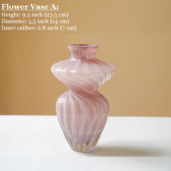 Mid Century Pink Vases for Flowers, Modern Vases for Living Room, Handmade Contemporary Glass Vases, Unique Decorative Glass Vase, Centerpiece Vases on Table-Grace Painting Crafts