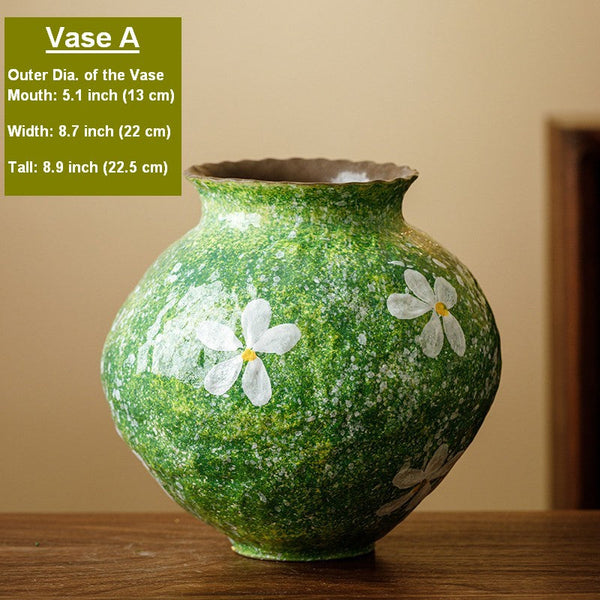 Centerpiece on Dining Table, Handmade Water Holding Flower Vases, Modern Pottery Flower Vases, Pottery Bud Vases, Large Green Flower Vases on Table-Grace Painting Crafts