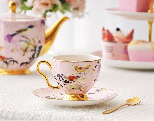 Elegant Pink Ceramic Coffee Cups, Unique Bird Flower Tea Cups and Saucers in Gift Box as Birthday Gift, Beautiful British Tea Cups, Royal Bone China Porcelain Tea Cup Set-Grace Painting Crafts