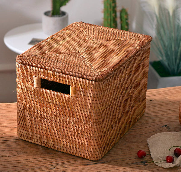 Wicker Rectangular Storage Basket with Lid, Extra Large Storage Baskets for Clothes, Kitchen Storage Baskets, Oversized Storage Baskets for Bedroom-Grace Painting Crafts