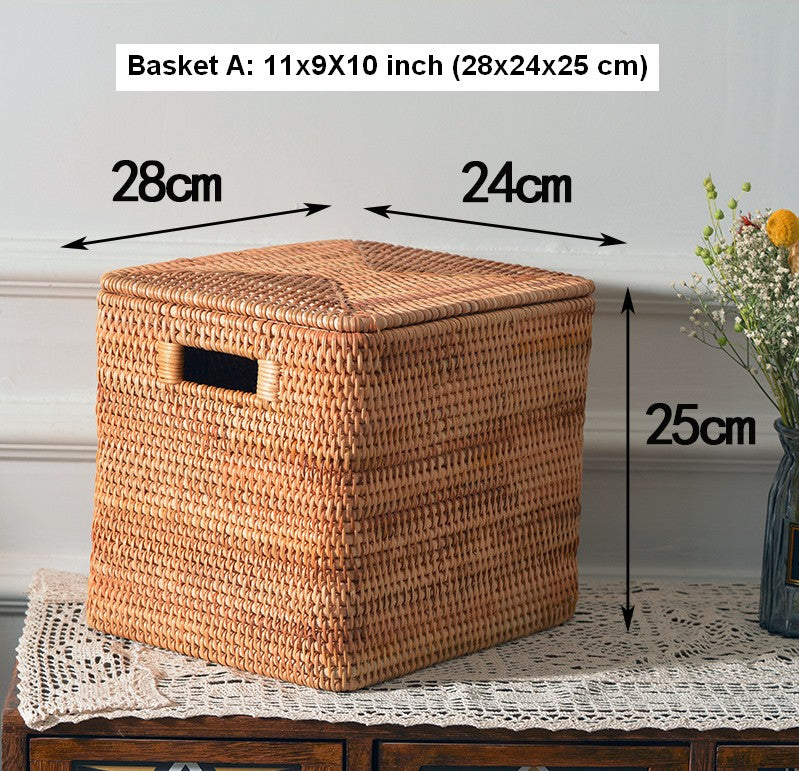 Rectangular Storage Basket with Lid, Woven Rattan Storage Basket for Shelves, Storage Baskets for Bedroom, Pantry Storage Baskets-Grace Painting Crafts