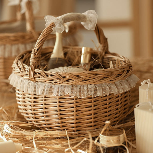 Storage Basket for Kitchen, Picnic Storage Basket with Handle, Hand-woven Wicker Storage Basket, Natural Fruit Basket, Willow Weaving Baskets for Shelves-Grace Painting Crafts