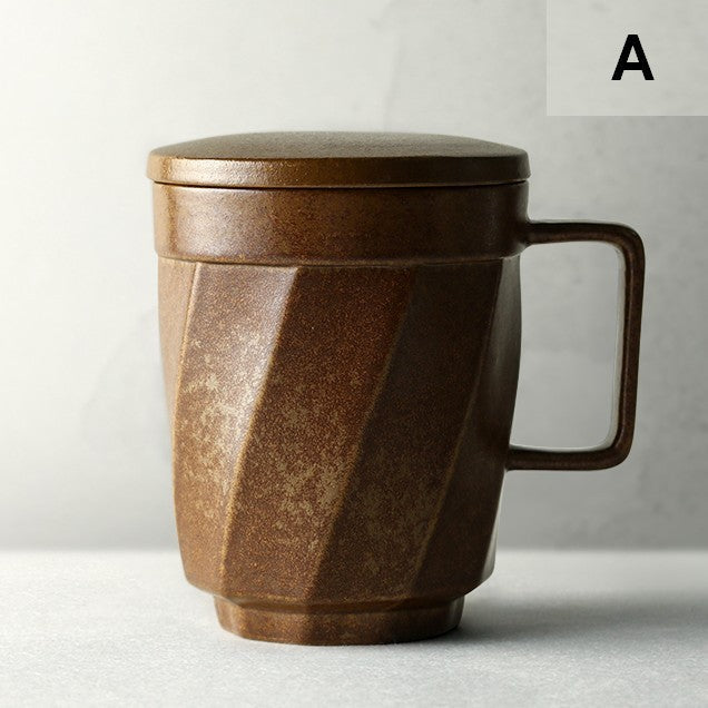 Creative Brown Green Blue Black Ceramic Coffee Mugs, Large Modern Handmade Pottery Coffee Cup, Large Unique Tea Cup, Large Capacity Coffee Mug with Cover-Grace Painting Crafts