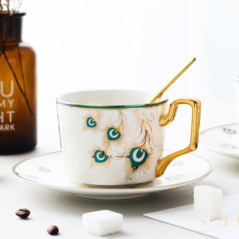 Peacock Tail Pattern Porcelain Coffee Cups, British Tea Cups, Coffee Cups with Gold Trim and Gift Box, Tea Cups and Saucers-Grace Painting Crafts