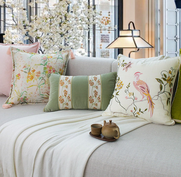 Decorative Pillows for Bed, Living Room Decorative Pillows, Modern Decorative Cushions, Decorative Pillow Arrangement Ideas for Interior Design, Embroidered Floral Bird Pattern Pillow Covers-Grace Painting Crafts