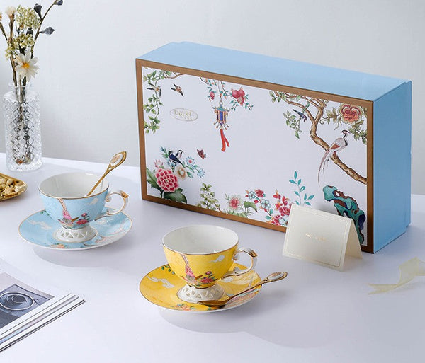 Beautiful Bird Pattern Tea Cups, 8 oz Porcelain Tea Cup Saucer Set of 2 Cups, Elegant Oriental Pheasant Ceramic Cup and Saucer in Gift Box-Grace Painting Crafts