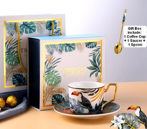 Elegant Tea Cups and Saucers, Jungle Toucan Pattern Porcelain Coffee Cups, Coffee Cups with Gold Trim and Gift Box-Grace Painting Crafts